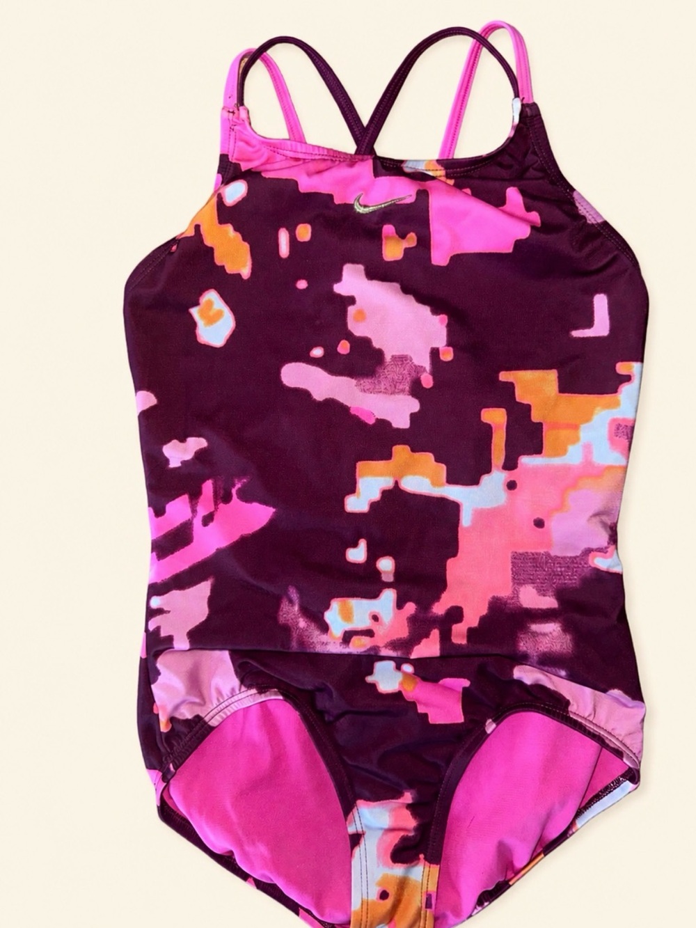 Nike Girls One-Piece Swimsuit in Dark Purple, Hot Pink & Orange Camo